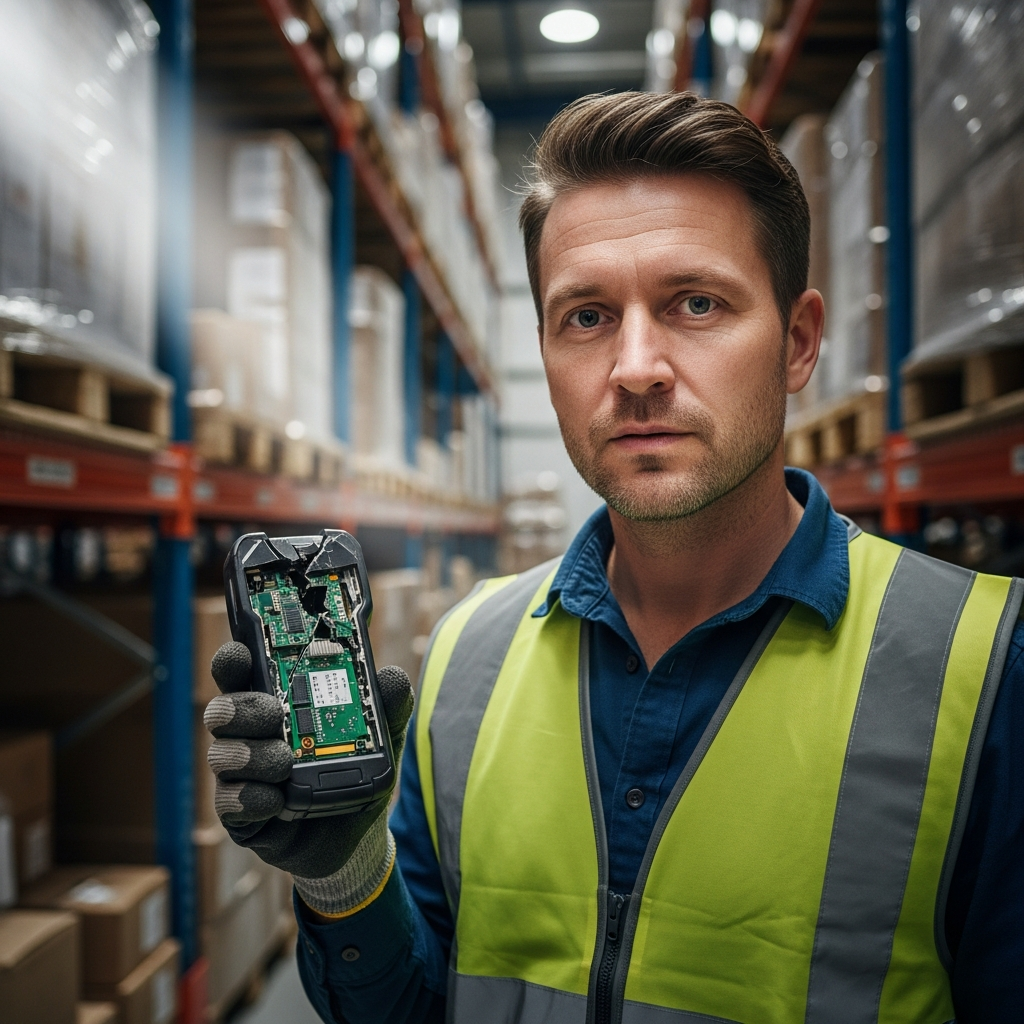 Warehouse worker with a broken bar code scanner in his hand